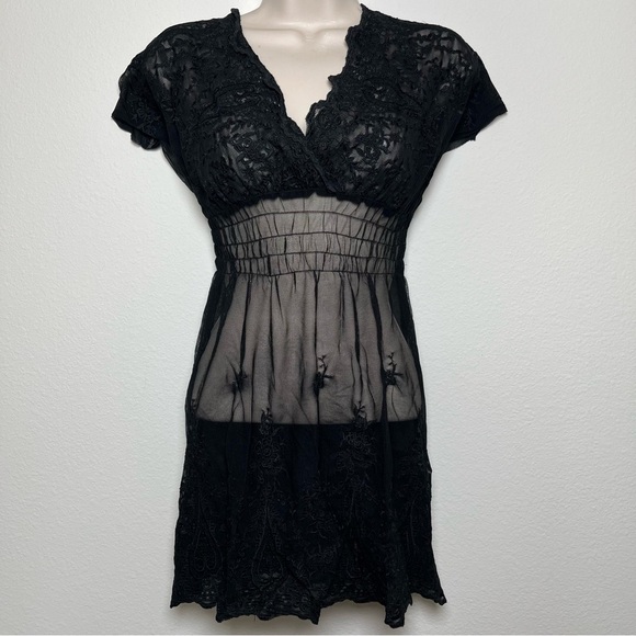 Women Whymsigoth Sheer Dress Large Black Embroidered Fairy Grunge Nylon Cover Up - Picture 1 of 8